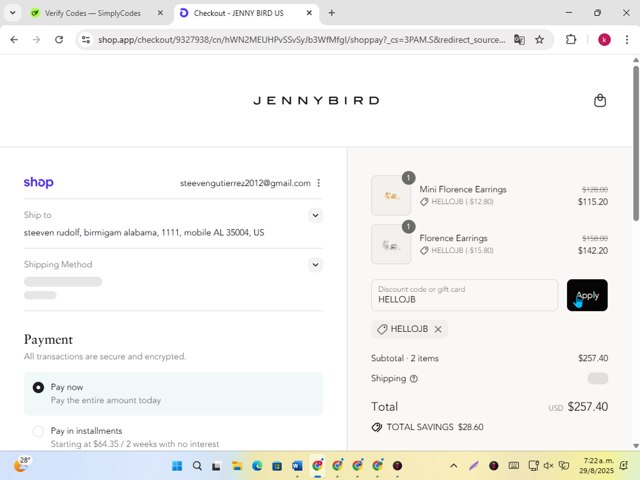 Jenny Bird checkout page showing Jenny Bird discount code box | Screenshot taken by SimplyCodes community member on Aug 29, 2025