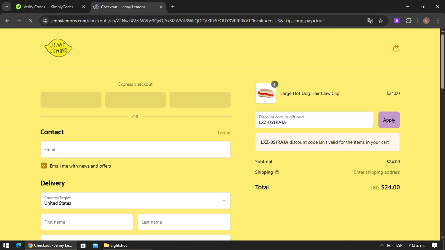 Jenny Lemons discount code screenshot showing code LXZ-0S1RAJA applied at Jenny Lemons checkout page. Uploaded by SimplyCodes community member VoucherRanger901 on May 22, 2025