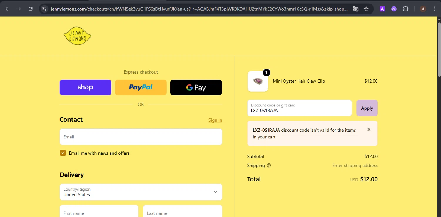 Jenny Lemons discount code screenshot showing code LXZ-0S1RAJA applied at Jenny Lemons checkout page. Uploaded by SimplyCodes community member VoucherSpotter9376 on Nov 24, 2025