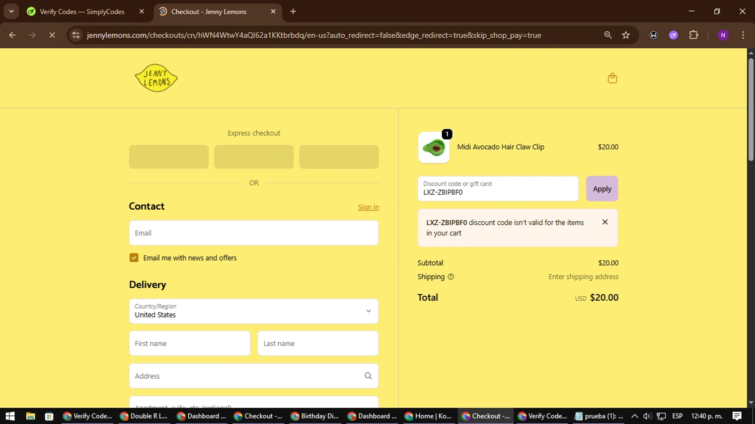 Jenny Lemons discount code screenshot showing code LXZ-ZBIPBF0 applied at Jenny Lemons checkout page. Uploaded by SimplyCodes community member NATAAAAAANAELCANO on Oct 25, 2025