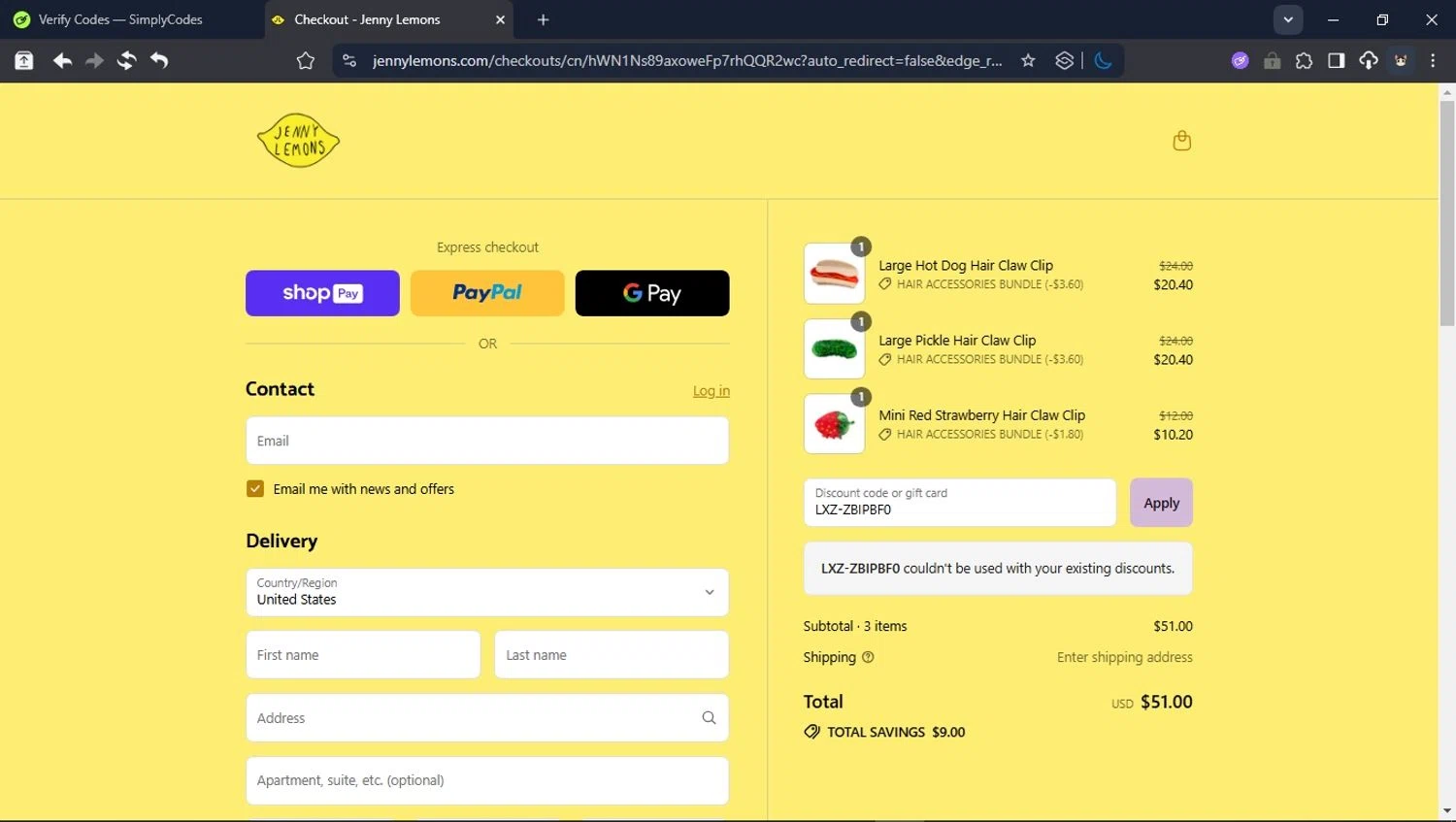 Jenny Lemons discount code screenshot showing code LXZ-ZBIPBF0 applied at Jenny Lemons checkout page. Uploaded by SimplyCodes community member ValiantHunter5929 on Aug 3, 2025