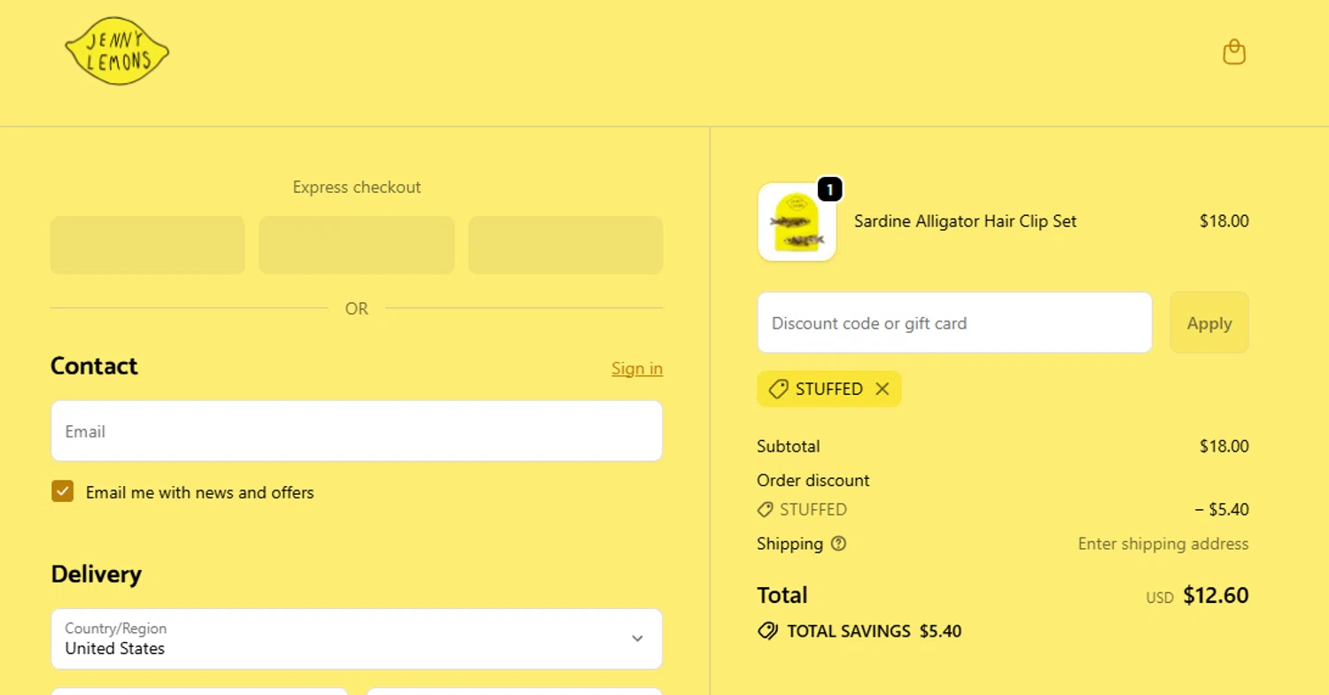 Jenny Lemons discount code screenshot showing code STUFFED applied at Jenny Lemons checkout page. Uploaded by SimplyCodes community member salepmigajera on Nov 24, 2025