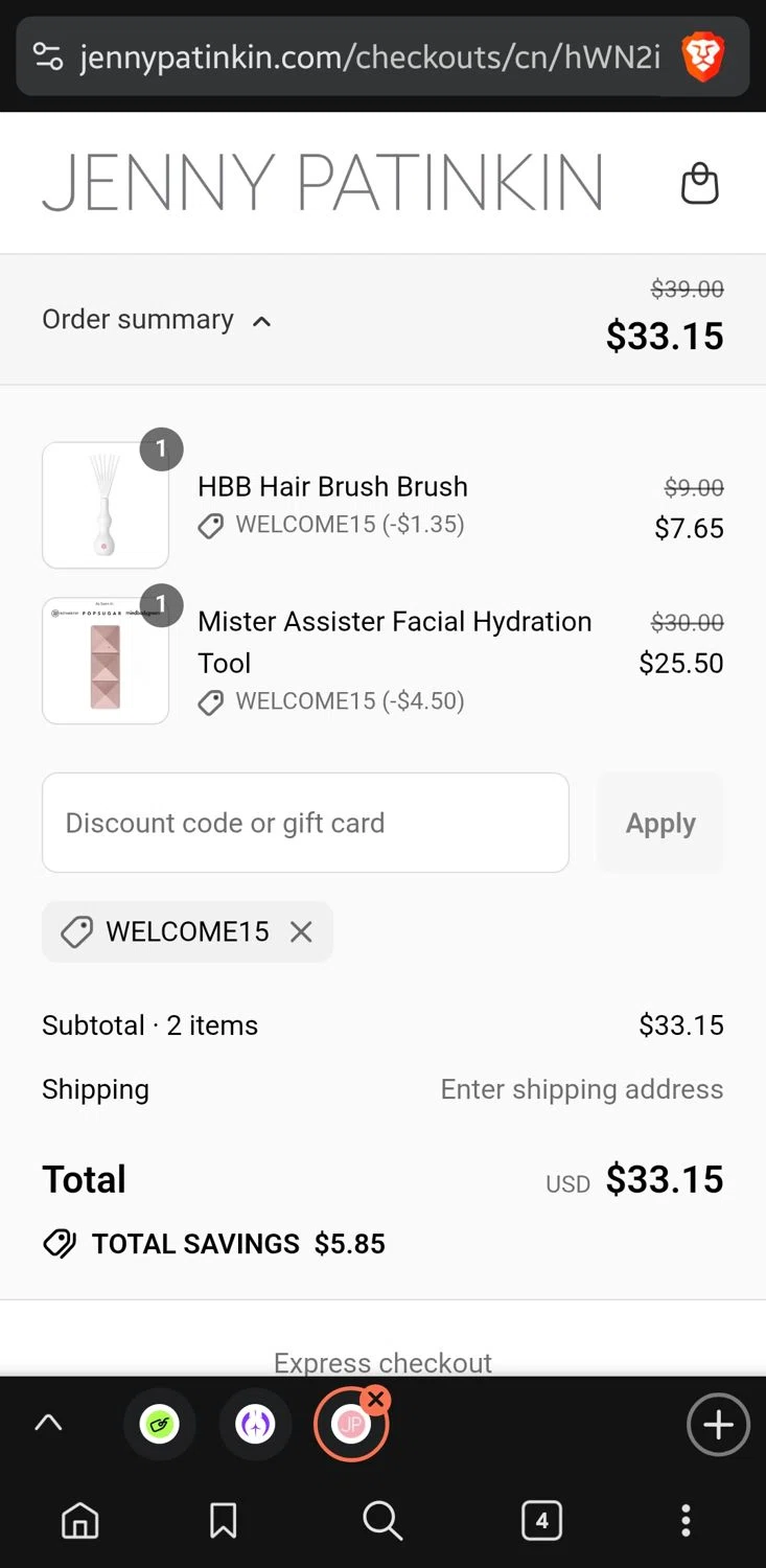 Jenny Patinkin promo code screenshot showing code WELCOME15 applied at Jenny Patinkin checkout page. Uploaded by SimplyCodes community member GoldLynx7797 on Sep 7, 2025