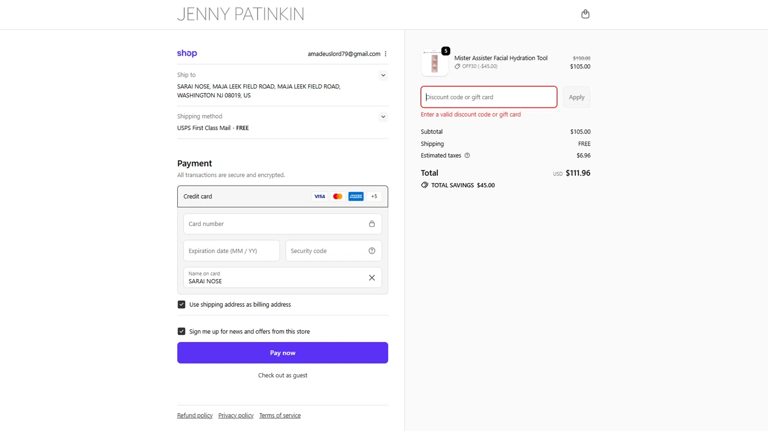 Jenny Patinkin promo code screenshot showing code WELCOME15 applied at Jenny Patinkin checkout page. Uploaded by SimplyCodes community member PANDITA on Nov 24, 2025