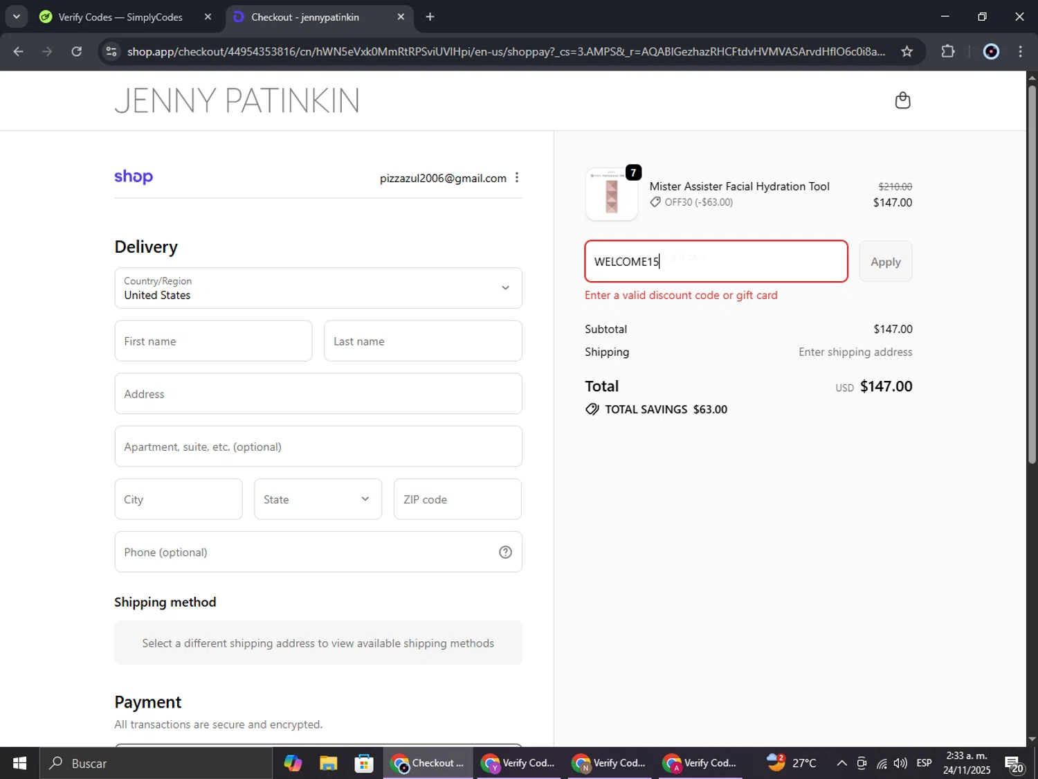 Jenny Patinkin promo code screenshot showing code WELCOME15 applied at Jenny Patinkin checkout page. Uploaded by SimplyCodes community member RoyalBoss4384 on Nov 24, 2025