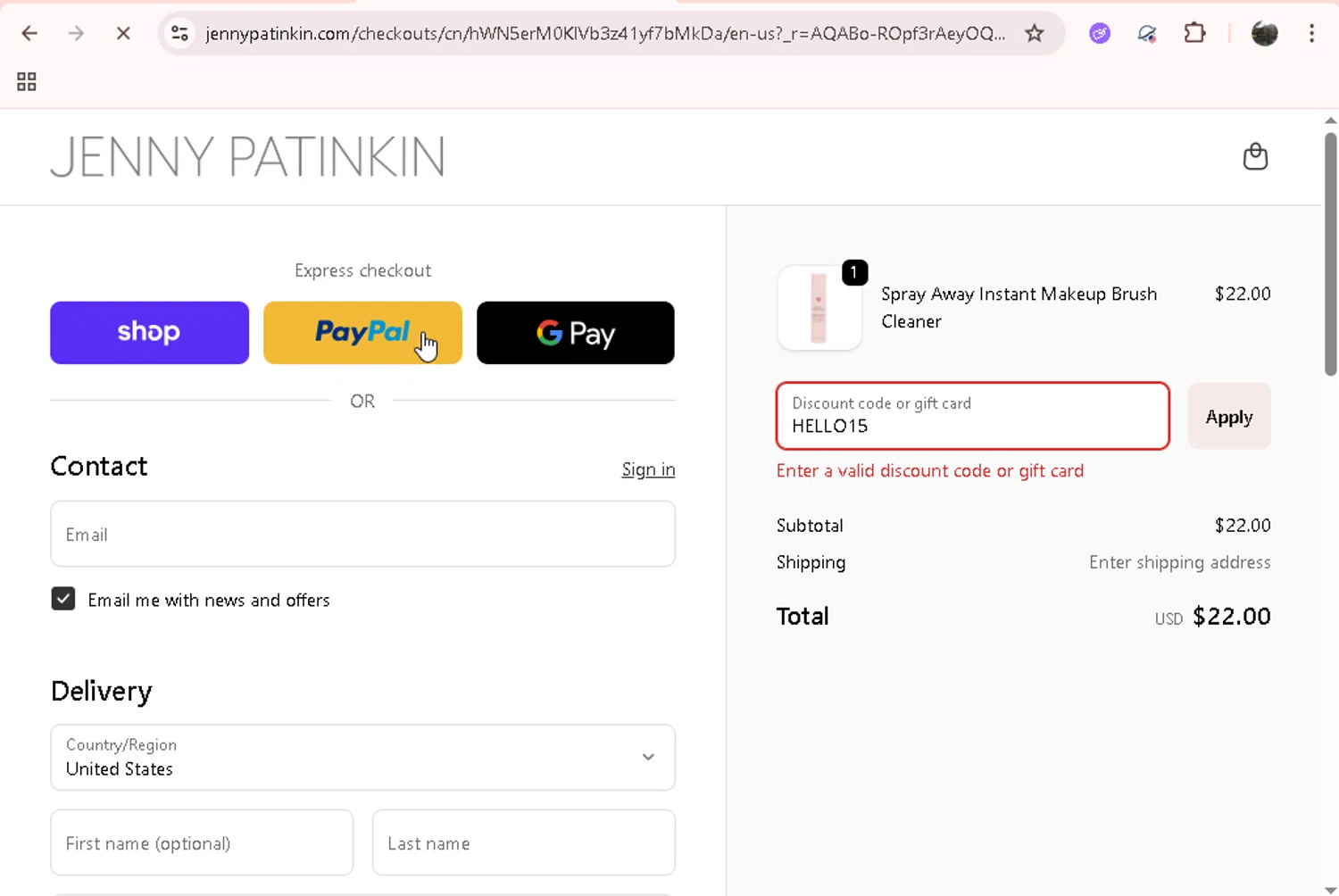 Jenny Patinkin promo code screenshot showing code HELLO15 applied at Jenny Patinkin checkout page. Uploaded by SimplyCodes community member JASTIFY on Nov 24, 2025