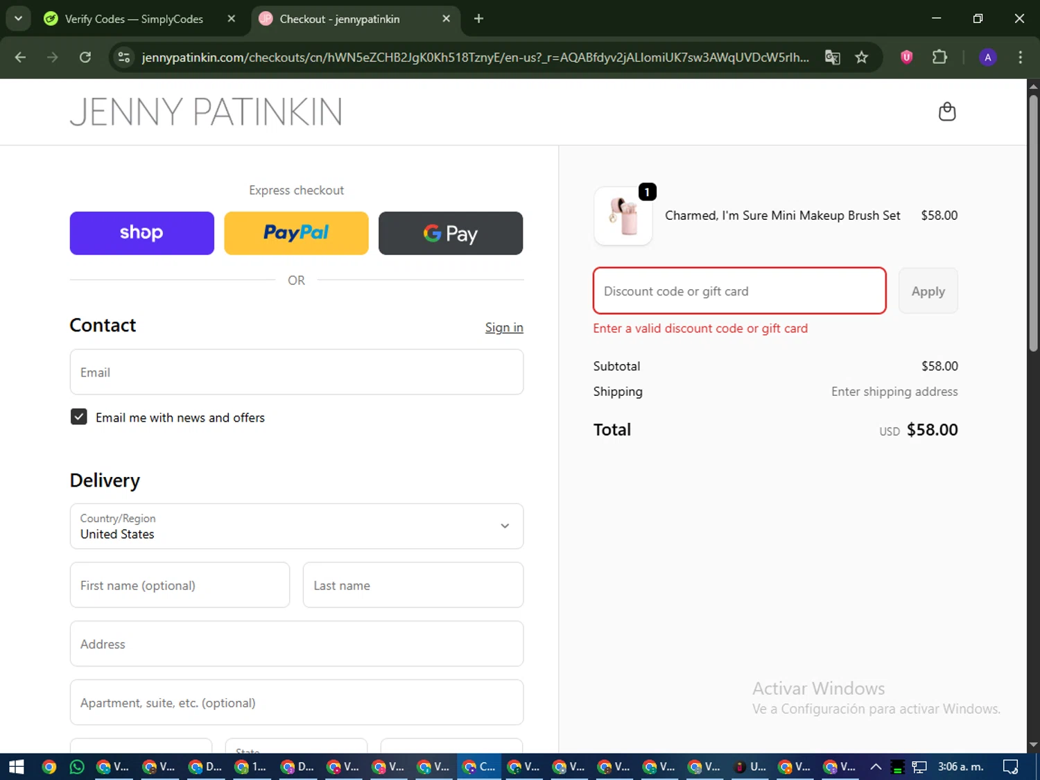 Jenny Patinkin promo code screenshot showing code HELLO15 applied at Jenny Patinkin checkout page. Uploaded by SimplyCodes community member MagnificentWarden4603 on Nov 24, 2025
