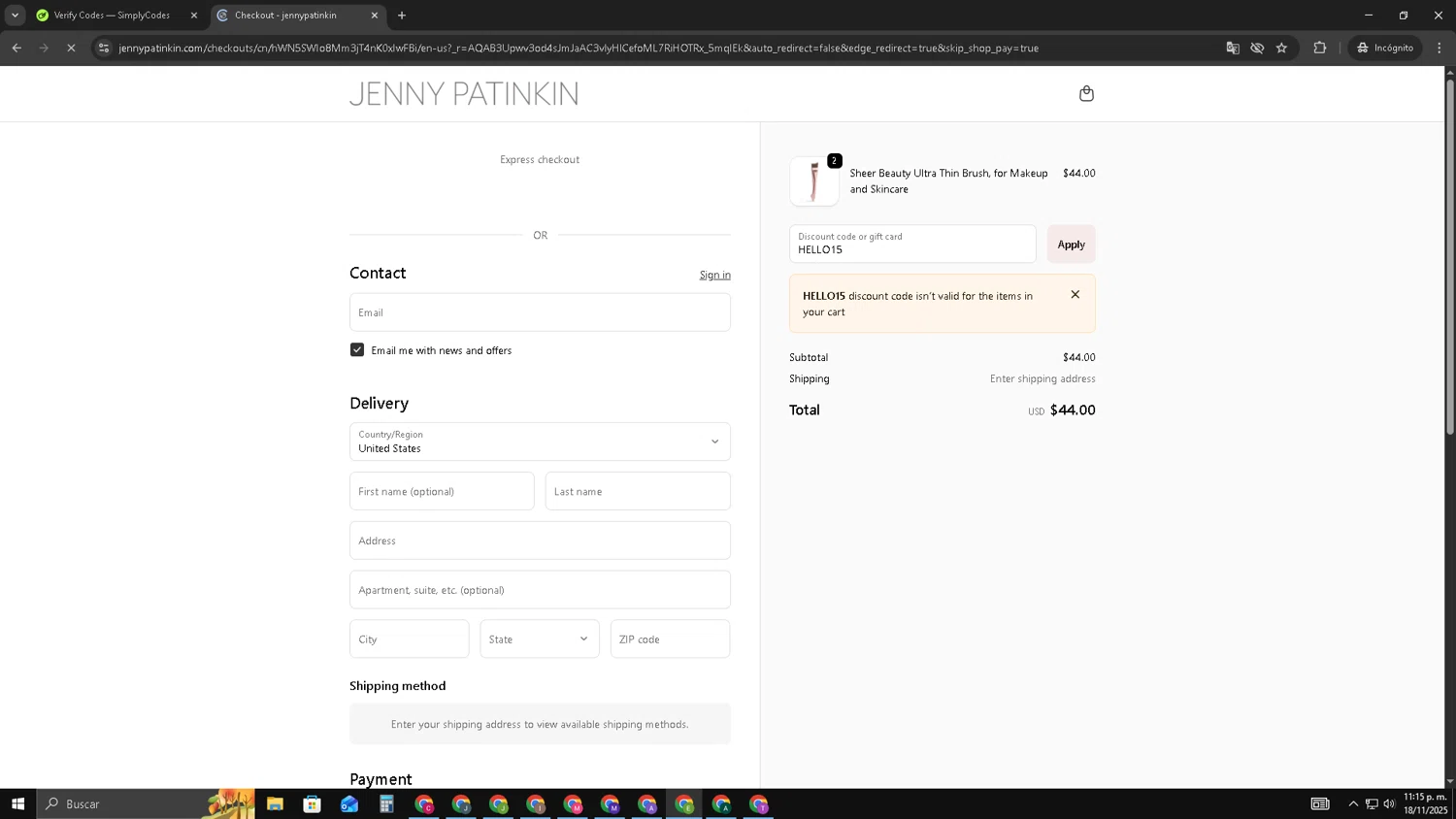 Jenny Patinkin checkout page showing Jenny Patinkin promo code box | Screenshot taken by SimplyCodes community member on Nov 19, 2025