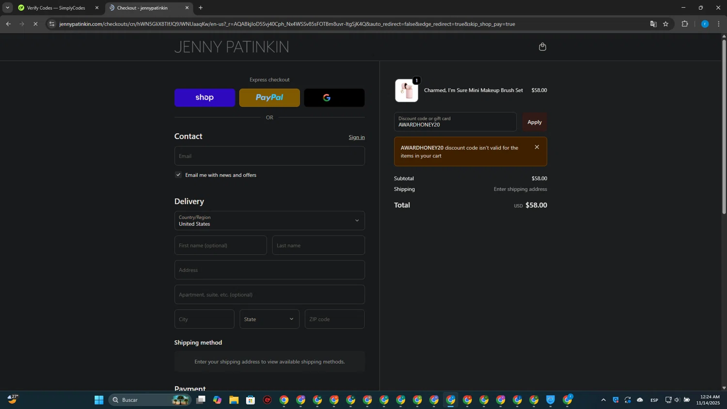 Jenny Patinkin promo code screenshot showing code AWARDHONEY20 applied at Jenny Patinkin checkout page. Uploaded by SimplyCodes community member CouponPhoenix3444 on Nov 14, 2025