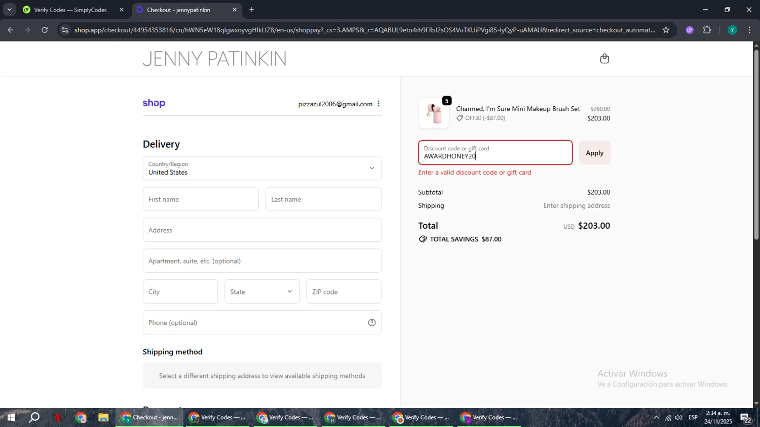 Jenny Patinkin promo code screenshot showing code AWARDHONEY20 applied at Jenny Patinkin checkout page. Uploaded by SimplyCodes community member FrugalCaptain6906 on Nov 24, 2025