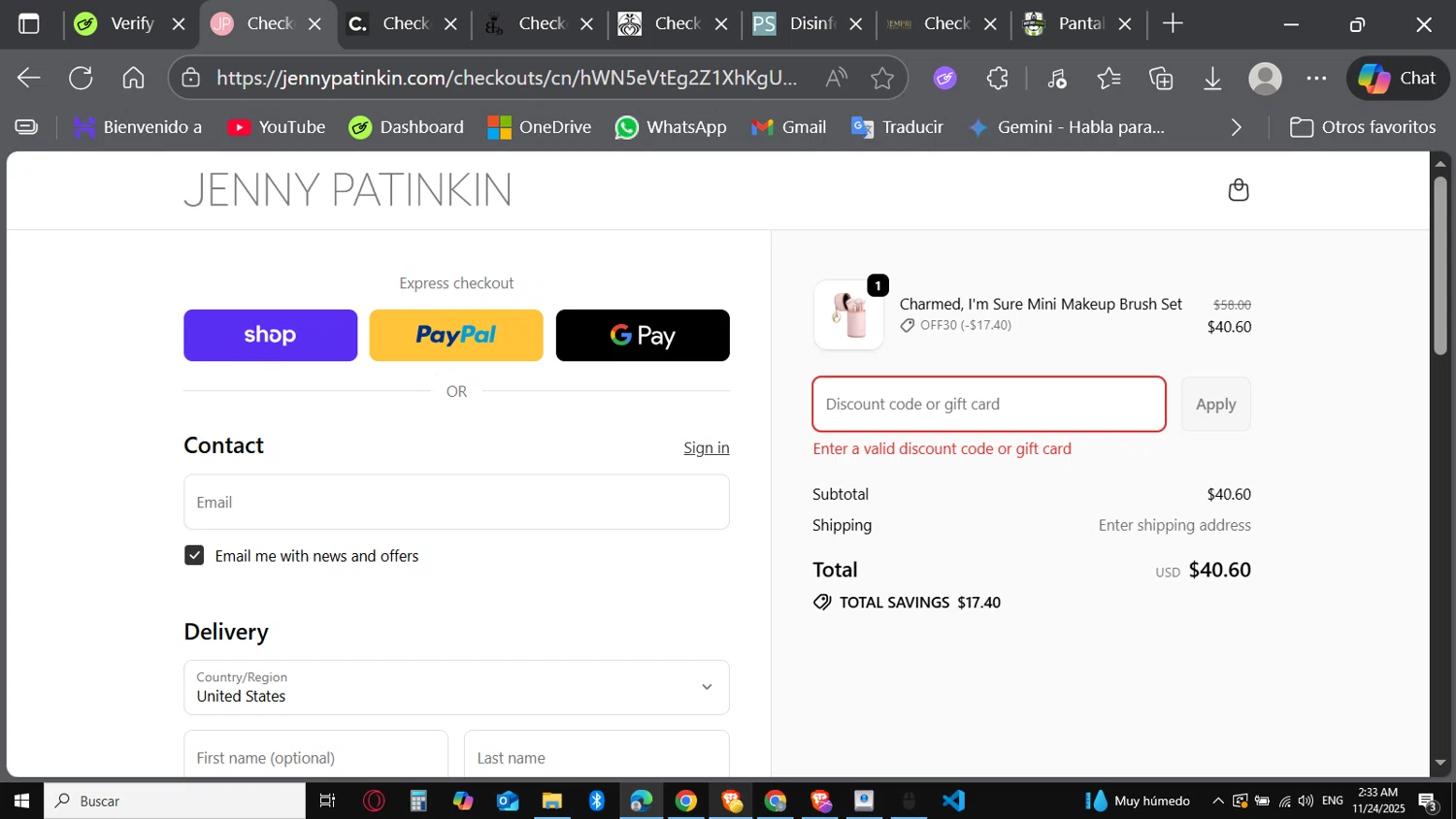 Jenny Patinkin promo code screenshot showing code BRUSHHONEY20 applied at Jenny Patinkin checkout page. Uploaded by SimplyCodes community member Carbon132 on Nov 24, 2025
