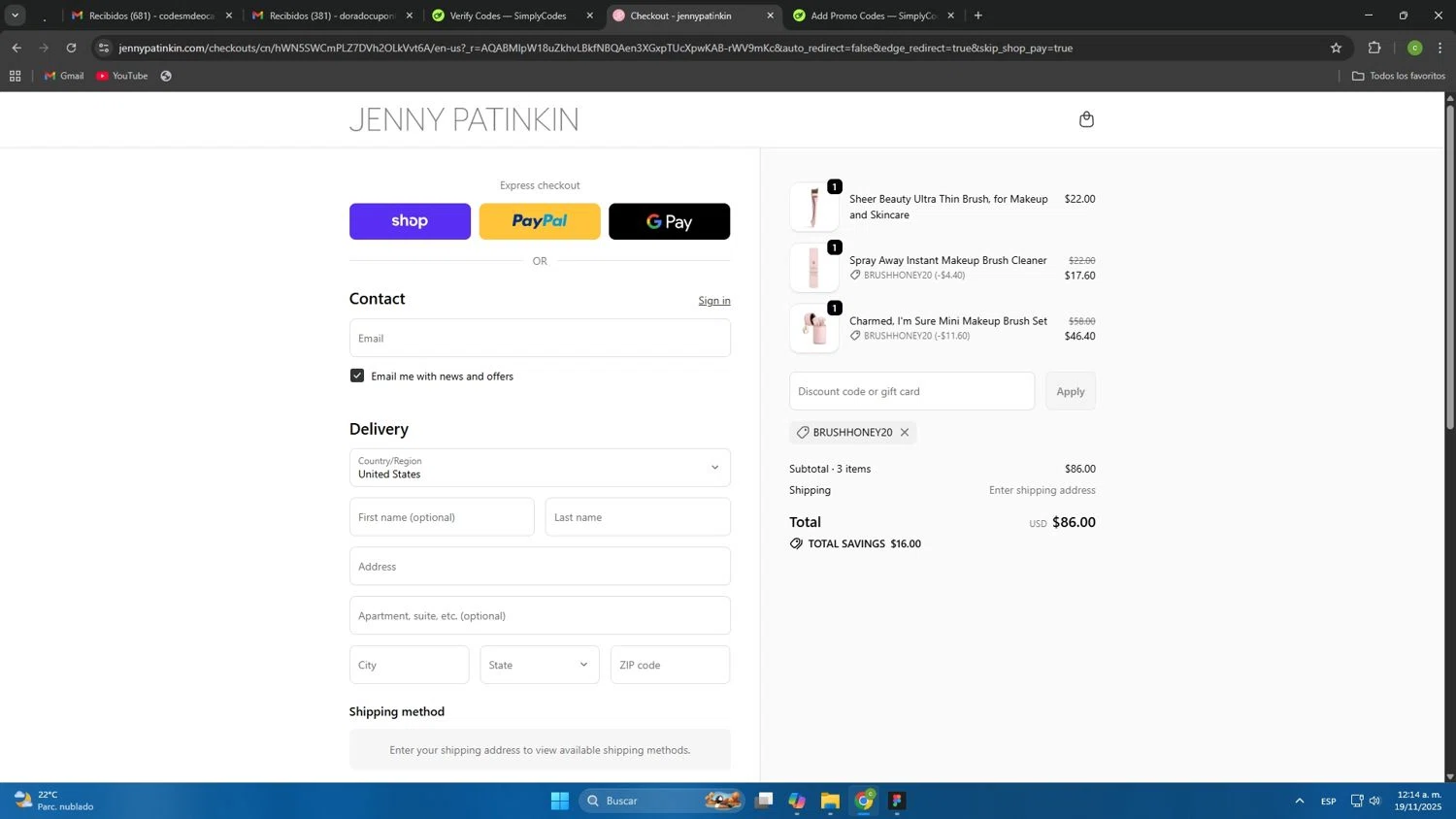 Jenny Patinkin promo code screenshot showing code BRUSHHONEY20 applied at Jenny Patinkin checkout page. Uploaded by SimplyCodes community member Mdeoca on Nov 19, 2025