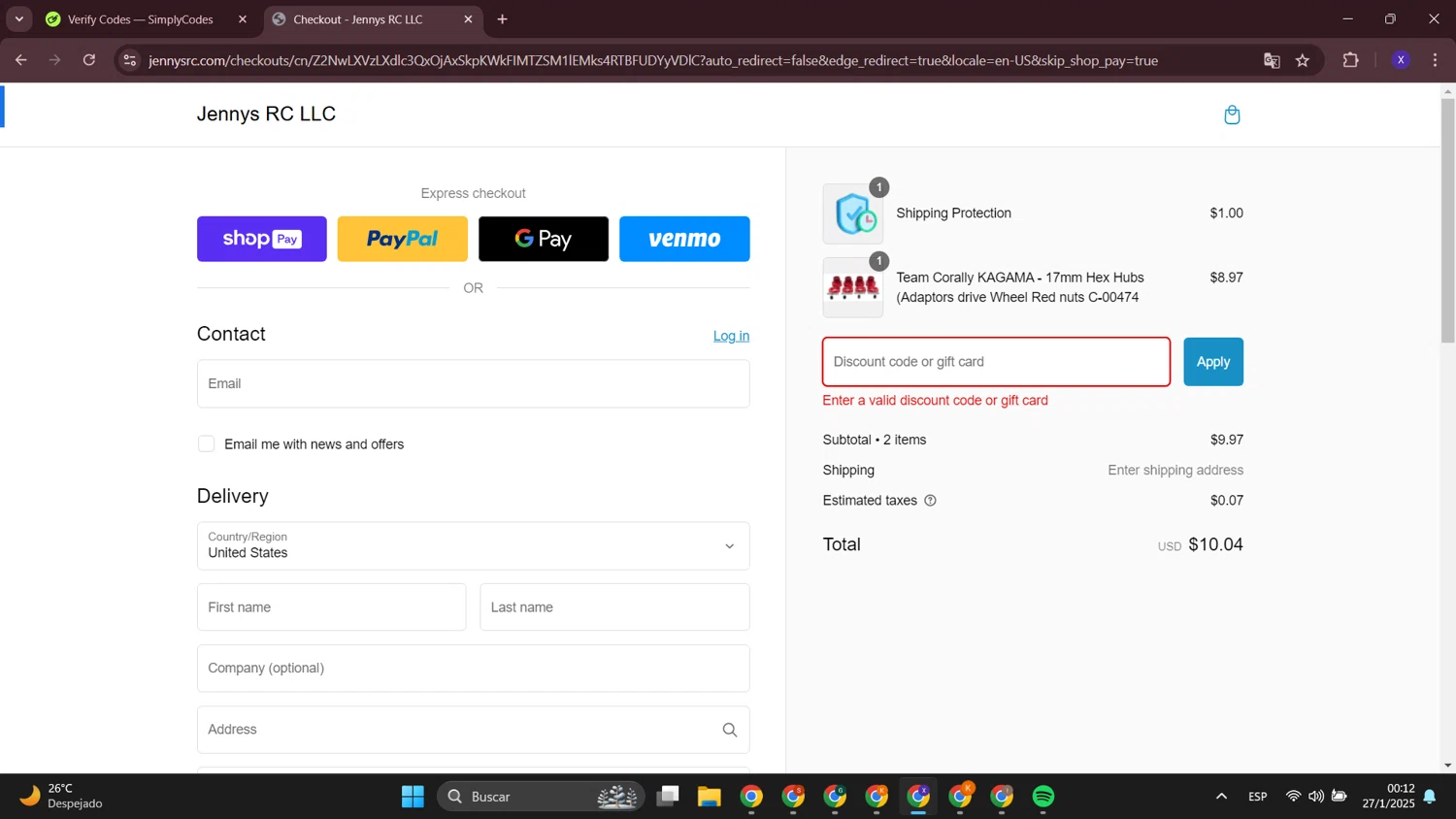 Jennys RC discount code screenshot showing code VDAY20 applied at Jennys RC checkout page. Uploaded by SimplyCodes community member LewisHamilton on Jan 27, 2025
