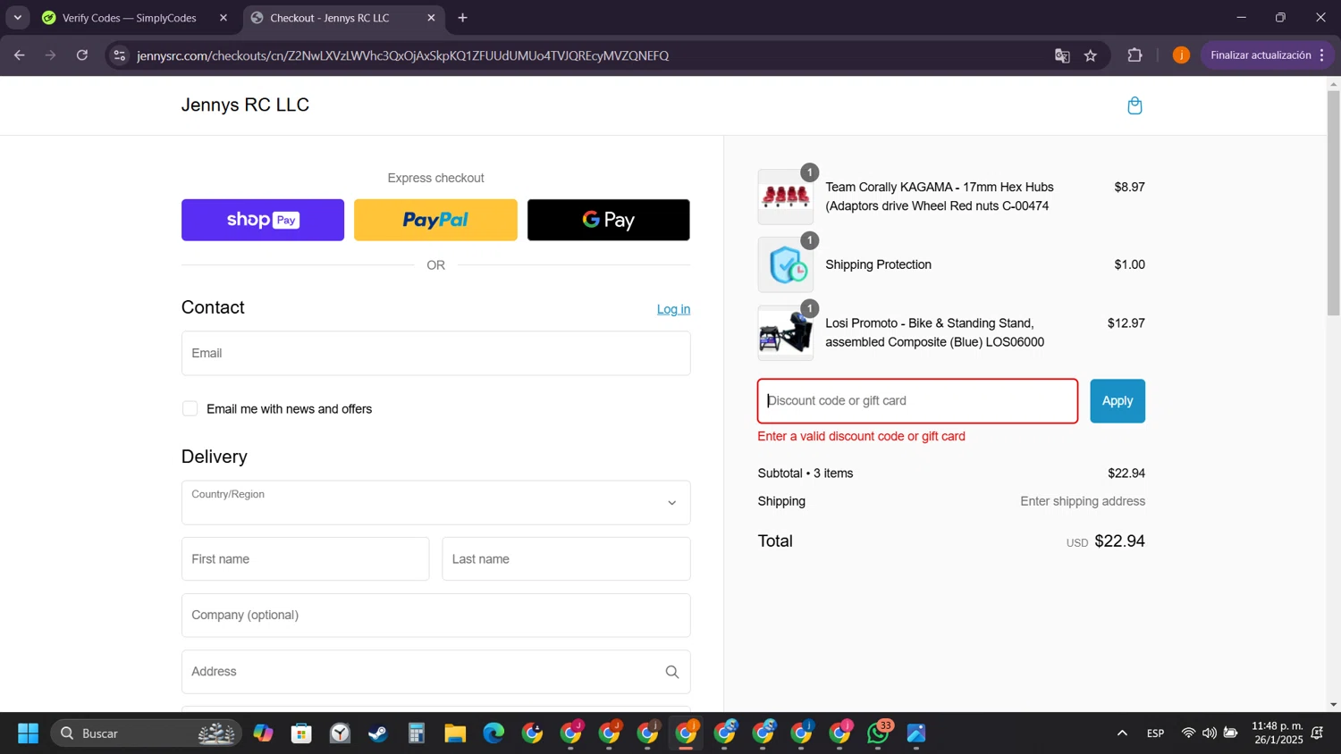 Jennys RC discount code screenshot showing code VDAY20 applied at Jennys RC checkout page. Uploaded by SimplyCodes community member SilverSentinel5952 on Jan 27, 2025