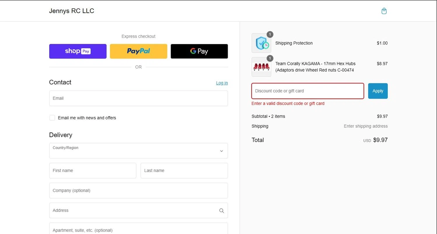 Jennys RC discount code screenshot showing code VDAY20 applied at Jennys RC checkout page. Uploaded by SimplyCodes community member mikhaildelmoral on Jan 27, 2025