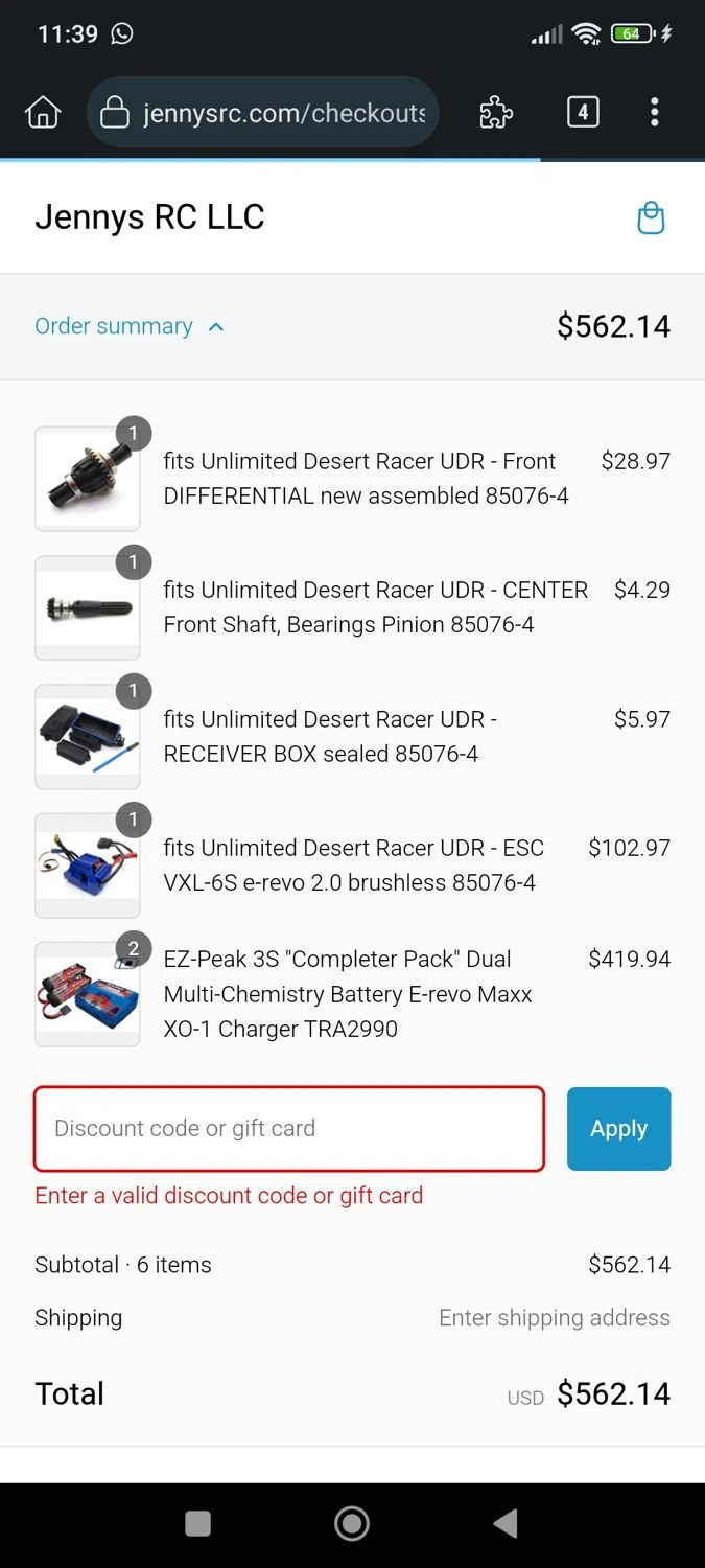 Jennys RC discount code screenshot showing code WELCOME15 applied at Jennys RC checkout page. Uploaded by SimplyCodes community member JhoennysM on Feb 23, 2025