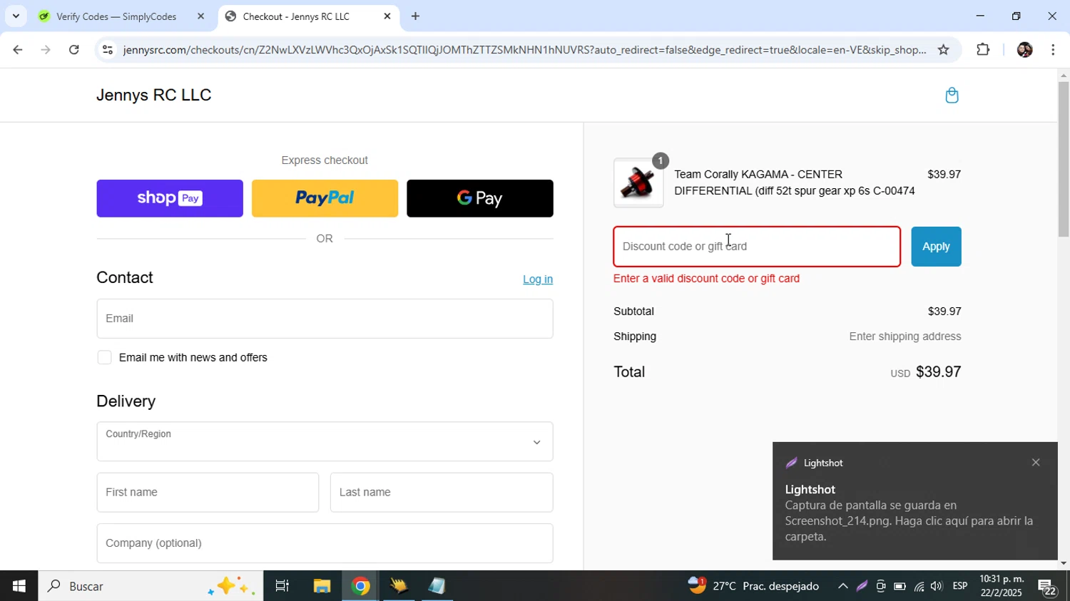 Jennys RC checkout page showing Jennys RC discount code box | Screenshot taken by SimplyCodes community member on Feb 23, 2025
