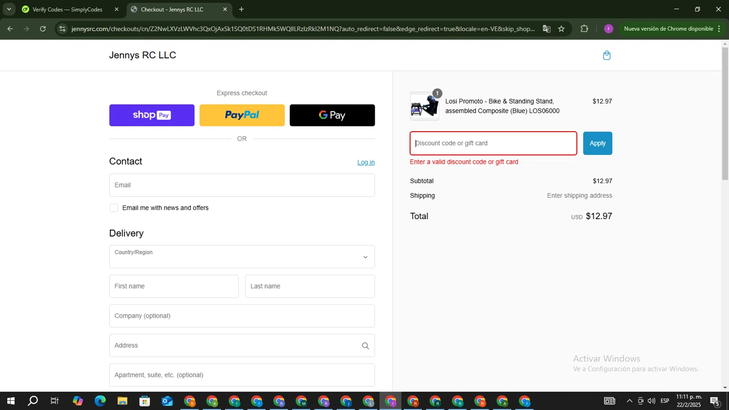 Jennys RC discount code screenshot showing code WELCOME15 applied at Jennys RC checkout page. Uploaded by SimplyCodes community member EpicScout8515 on Feb 23, 2025