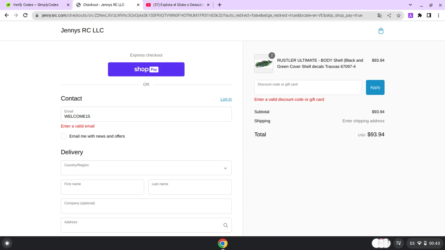 Jennys RC discount code screenshot showing code WELCOME15 applied at Jennys RC checkout page. Uploaded by SimplyCodes community member lapampita on Feb 23, 2025