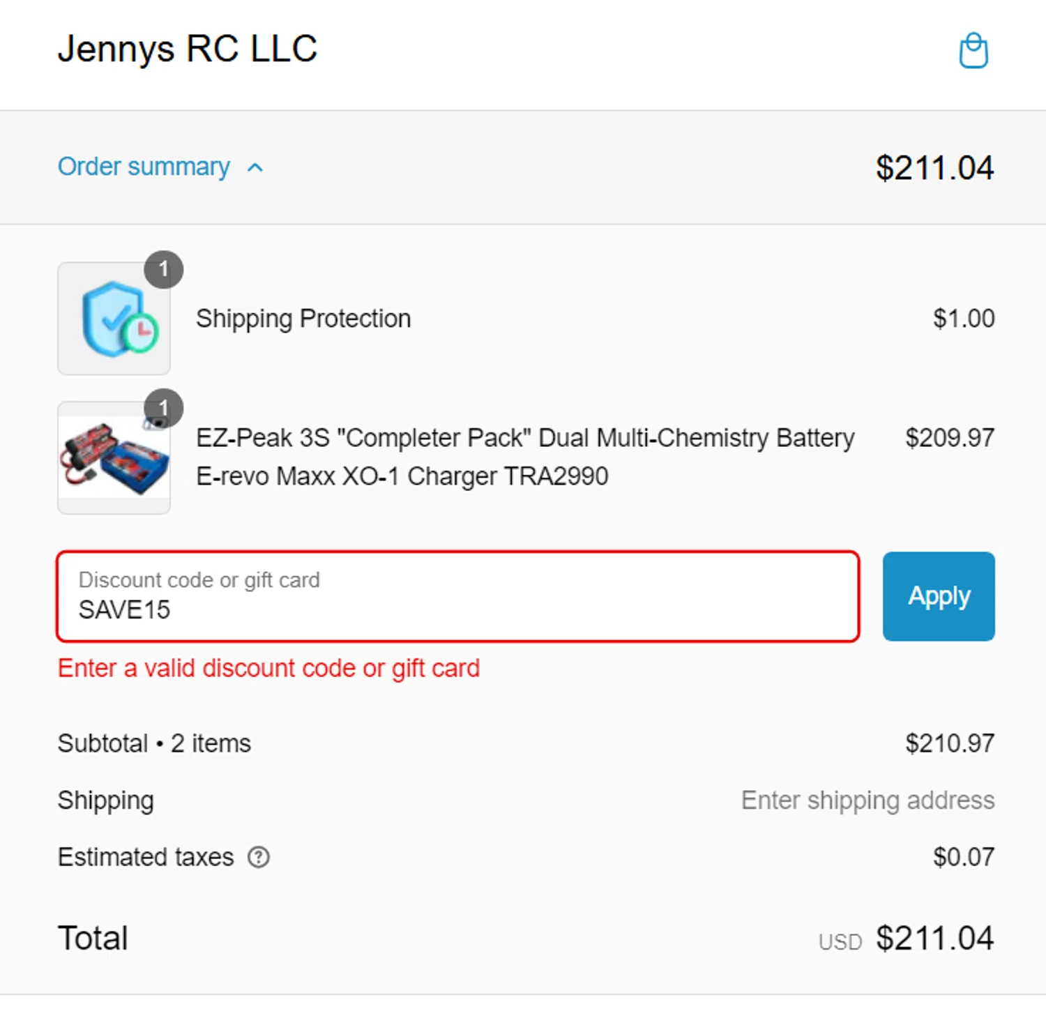 Jennys RC discount code screenshot showing code SAVE15 applied at Jennys RC checkout page. Uploaded by SimplyCodes community member RichterBelmont on Jan 27, 2025