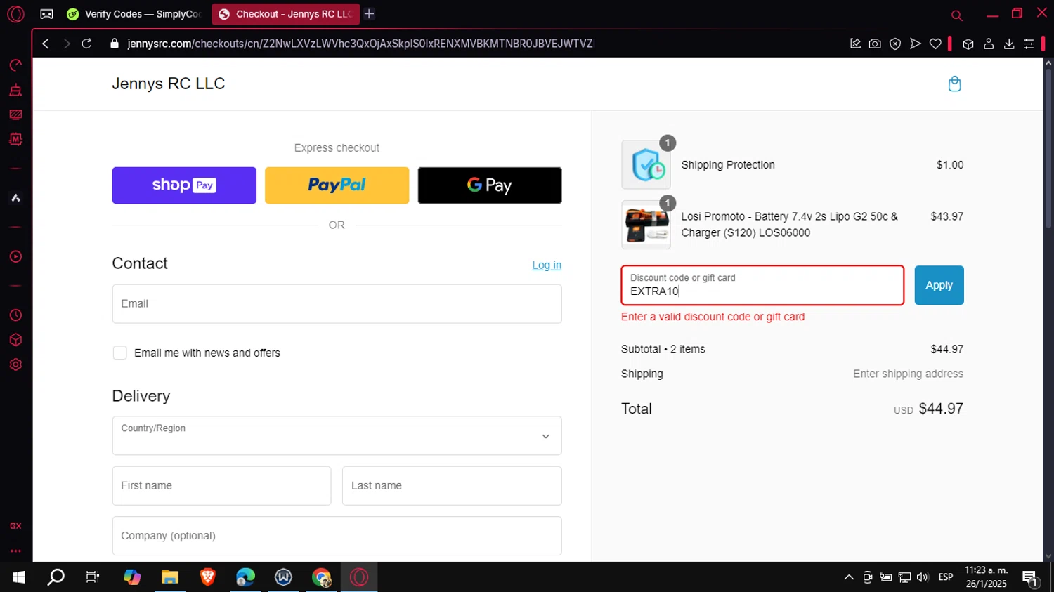 Jennys RC discount code screenshot showing code EXTRA10 applied at Jennys RC checkout page. Uploaded by SimplyCodes community member VoucherCollector3778 on Jan 26, 2025