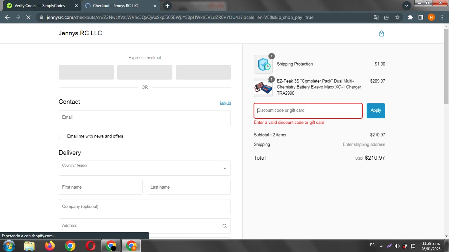 Jennys RC discount code screenshot showing code EXTRA10 applied at Jennys RC checkout page. Uploaded by SimplyCodes community member guanipa on Jan 26, 2025