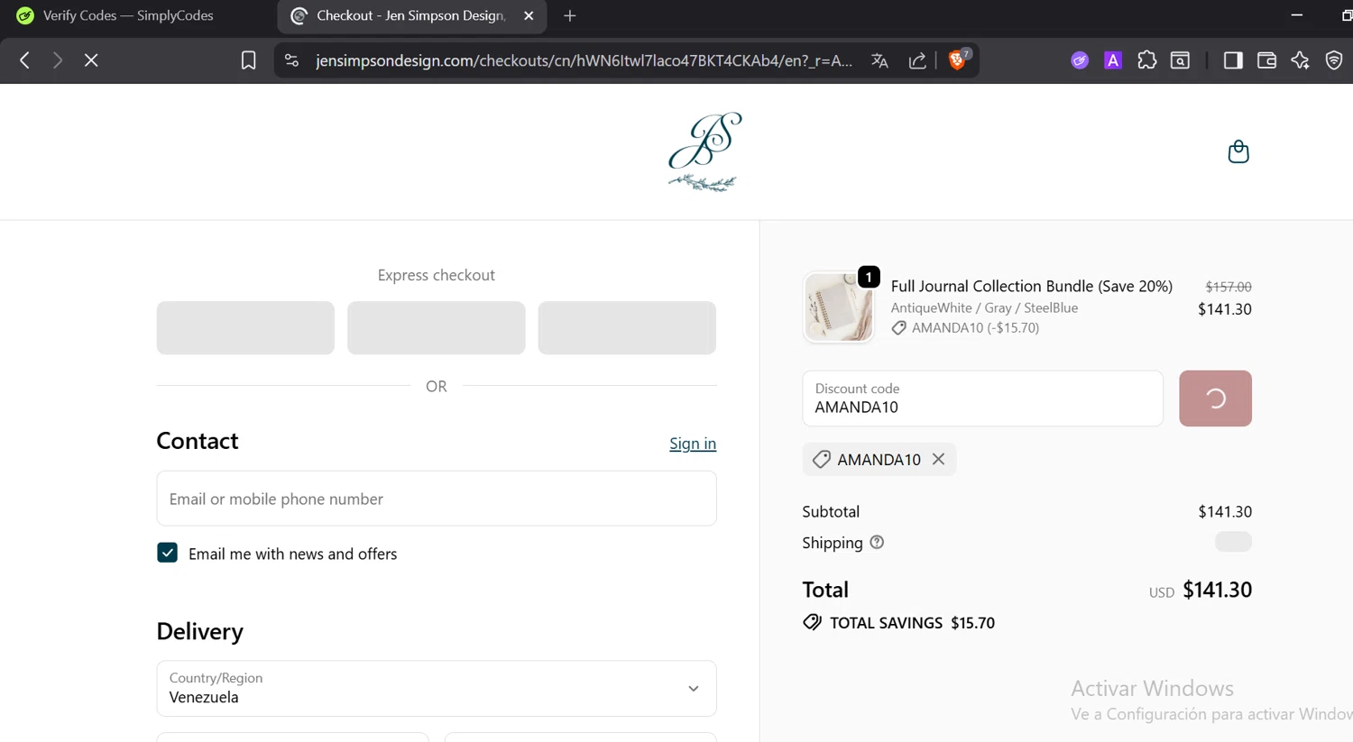 Jen Simpson Design promo code screenshot showing code AMANDA10 applied at Jen Simpson Design checkout page. Uploaded by SimplyCodes community member CoinOwl5103 on Dec 11, 2025