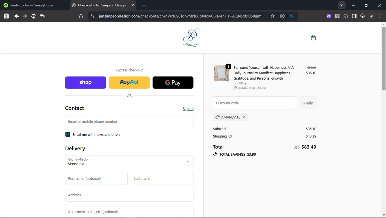 Jen Simpson Design promo code screenshot showing code AMANDA10 applied at Jen Simpson Design checkout page. Uploaded by SimplyCodes community member domain on Dec 28, 2025