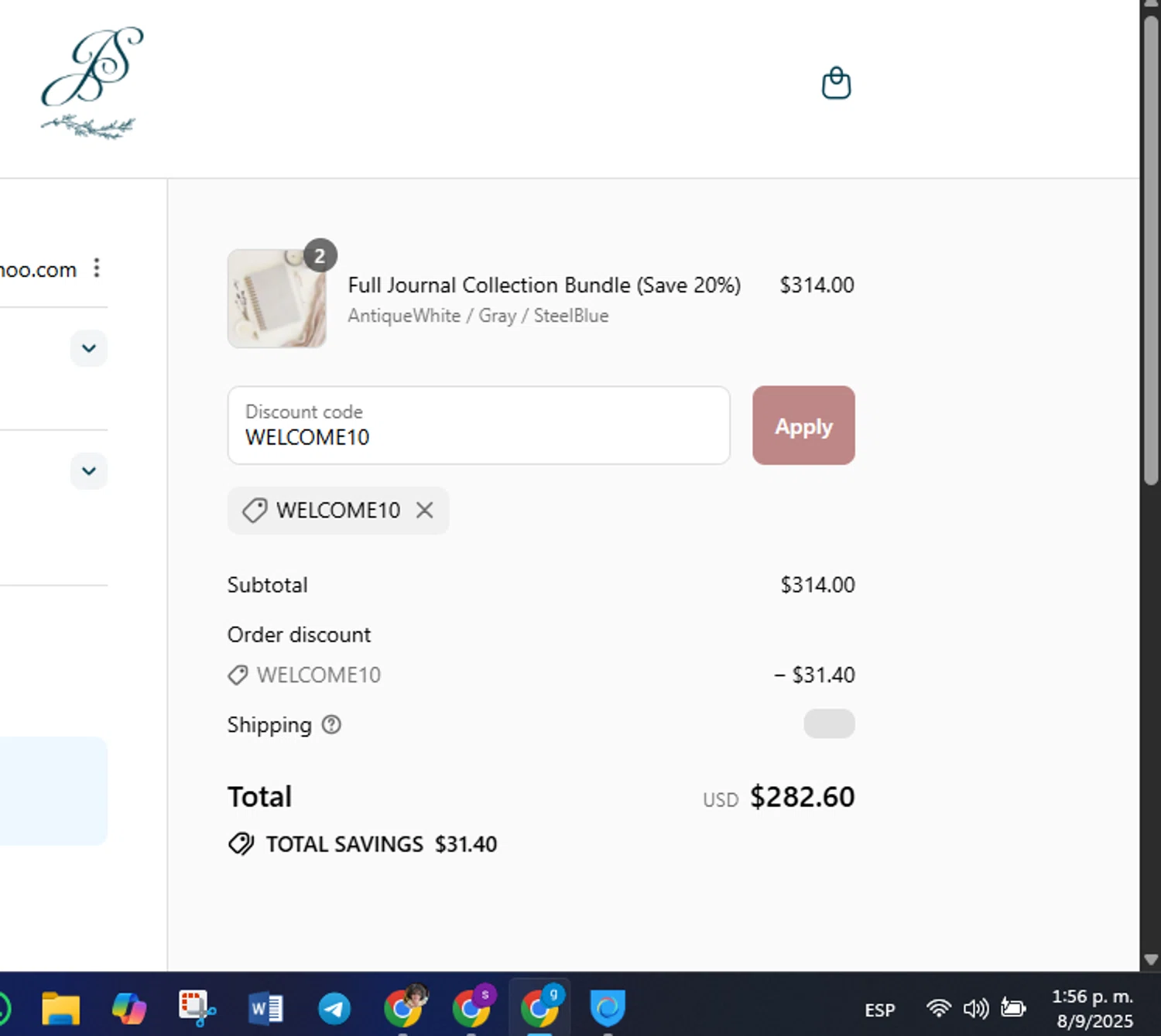 Jen Simpson Design promo code screenshot showing code WELCOME10 applied at Jen Simpson Design checkout page. Uploaded by SimplyCodes community member FrugalVirtuoso6318 on Sep 8, 2025
