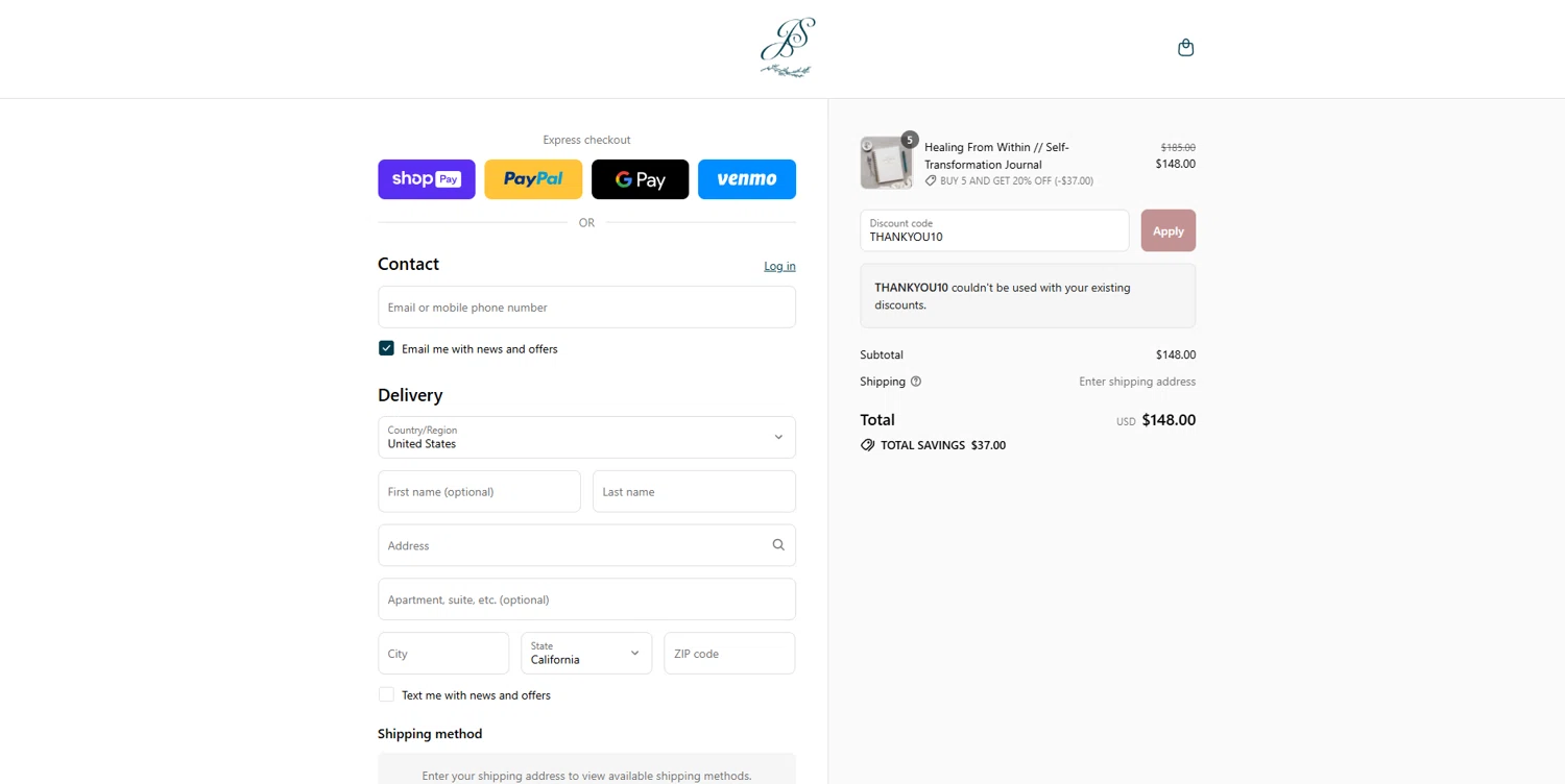 Jen Simpson Design promo code screenshot showing code THANKYOU10 applied at Jen Simpson Design checkout page. Uploaded by SimplyCodes community member BrilliantVoyager5752 on Aug 5, 2025