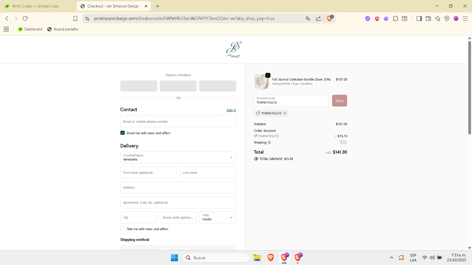 Jen Simpson Design promo code screenshot showing code THANKYOU10 applied at Jen Simpson Design checkout page. Uploaded by SimplyCodes community member Esterasa on Oct 23, 2025