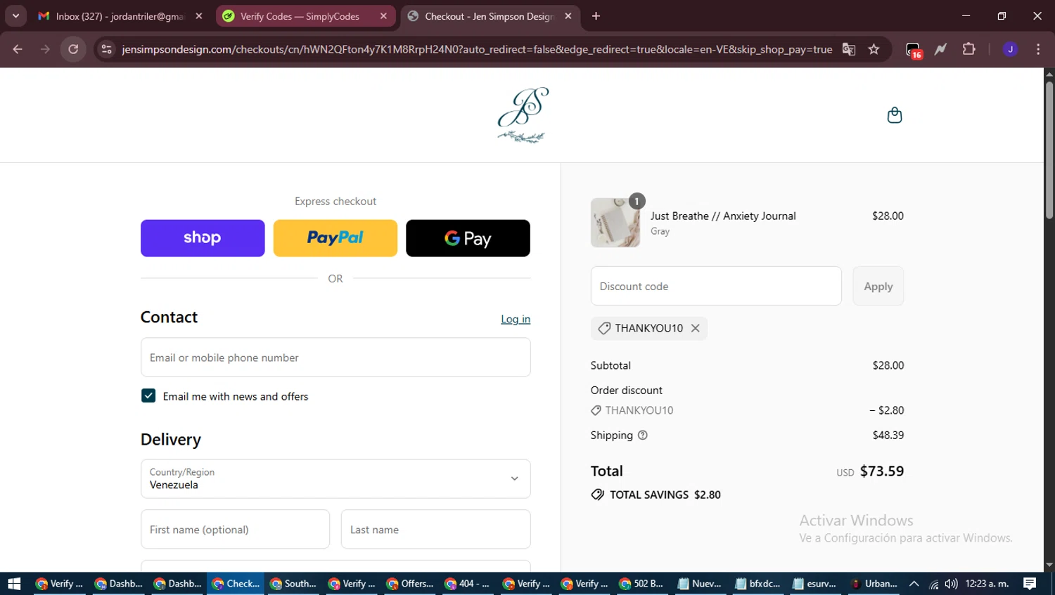 Jen Simpson Design promo code screenshot showing code THANKYOU10 applied at Jen Simpson Design checkout page. Uploaded by SimplyCodes community member LegendaryLegend9872 on Aug 31, 2025