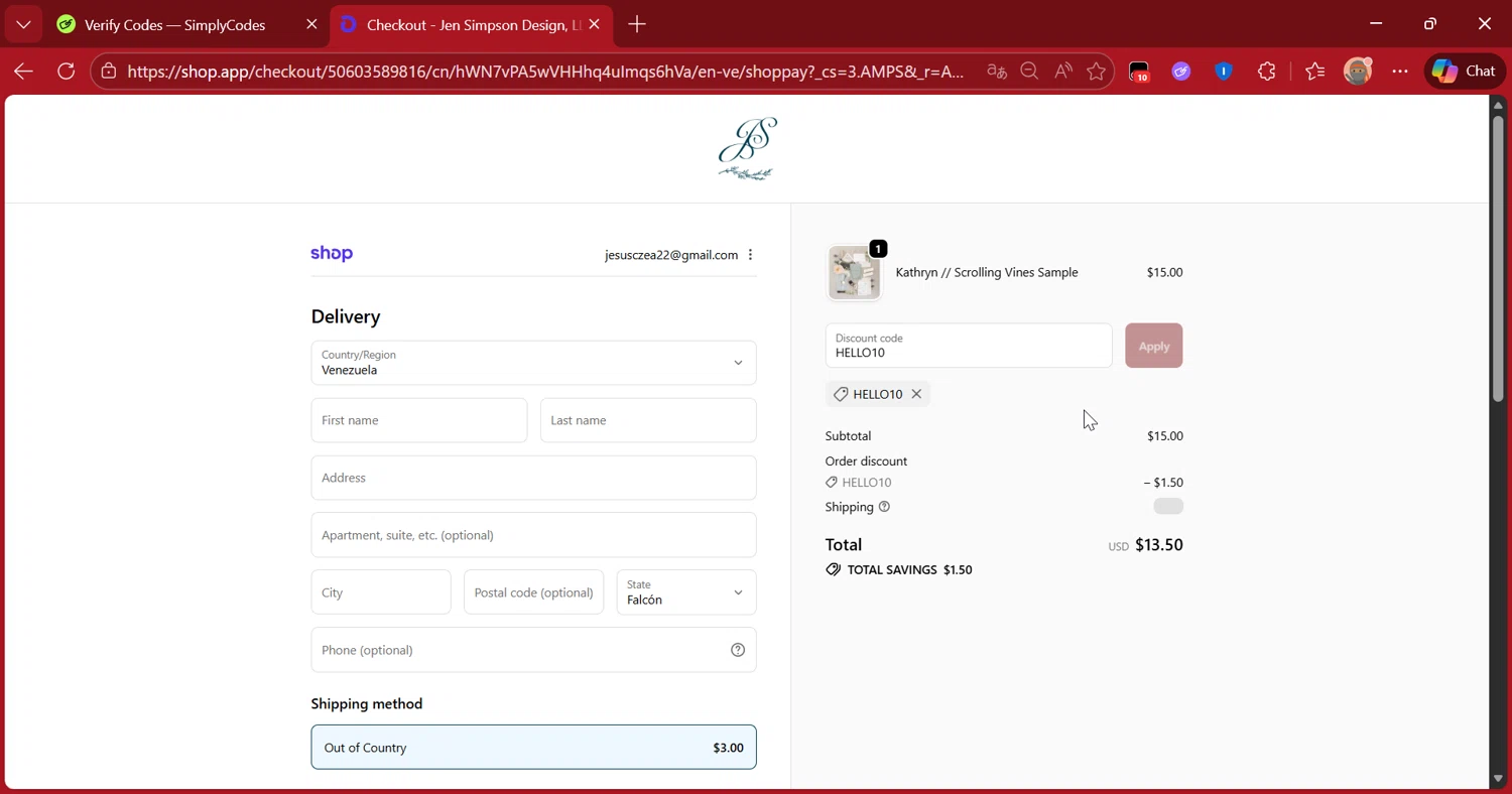 Jen Simpson Design promo code screenshot showing code HELLO10 applied at Jen Simpson Design checkout page. Uploaded by SimplyCodes community member DiscountScout1417 on Jan 23, 2026