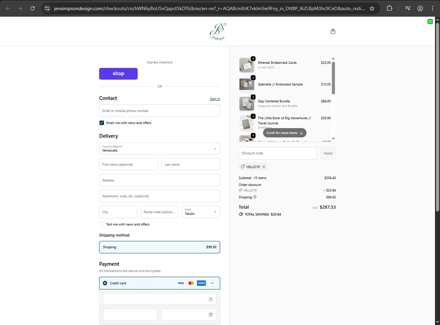 Jen Simpson Design promo code screenshot showing code HELLO10 applied at Jen Simpson Design checkout page. Uploaded by SimplyCodes community member MAHORAGA on Dec 28, 2025