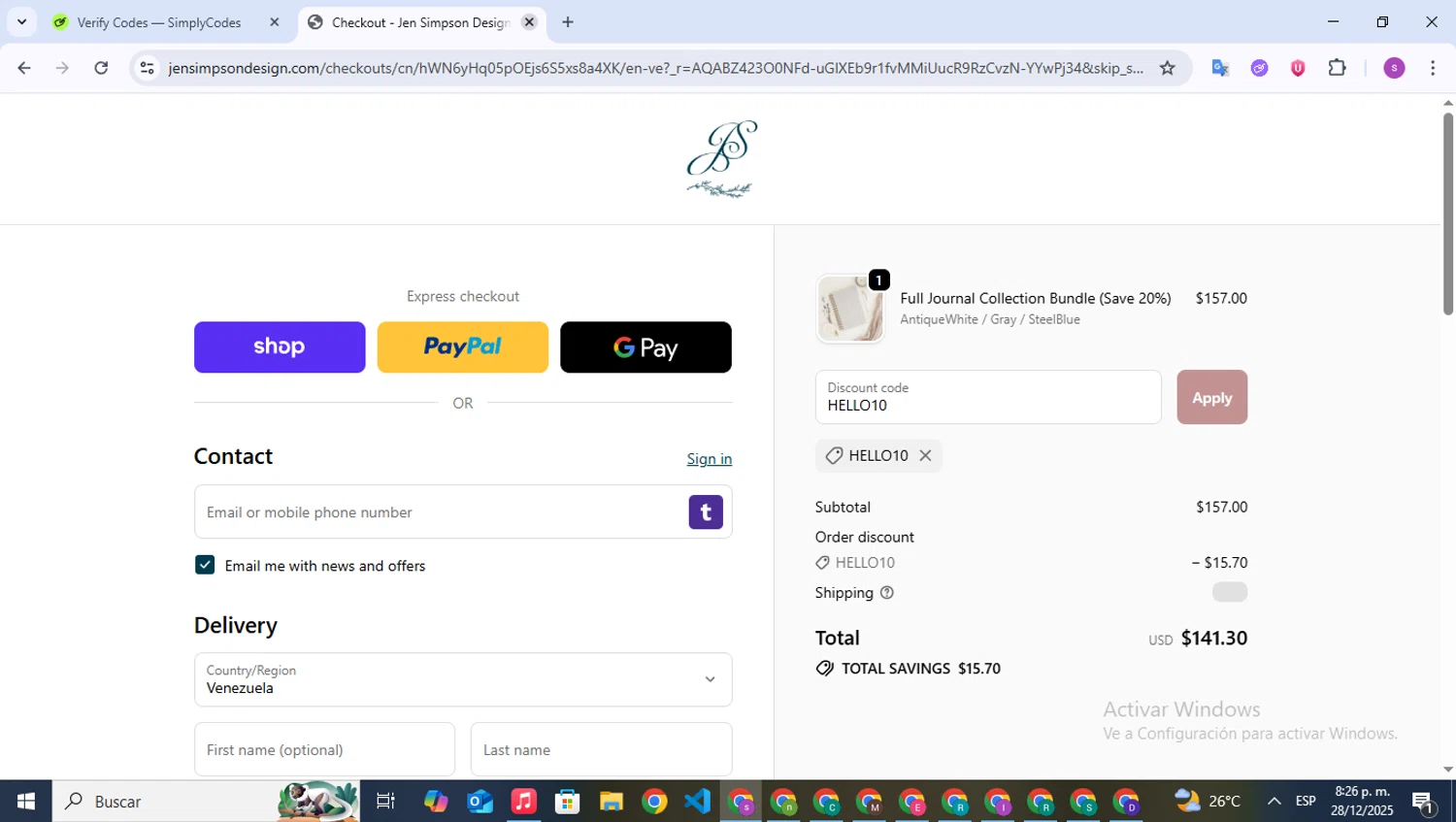 Jen Simpson Design promo code screenshot showing code HELLO10 applied at Jen Simpson Design checkout page. Uploaded by SimplyCodes community member WonderPioneer5062 on Dec 29, 2025
