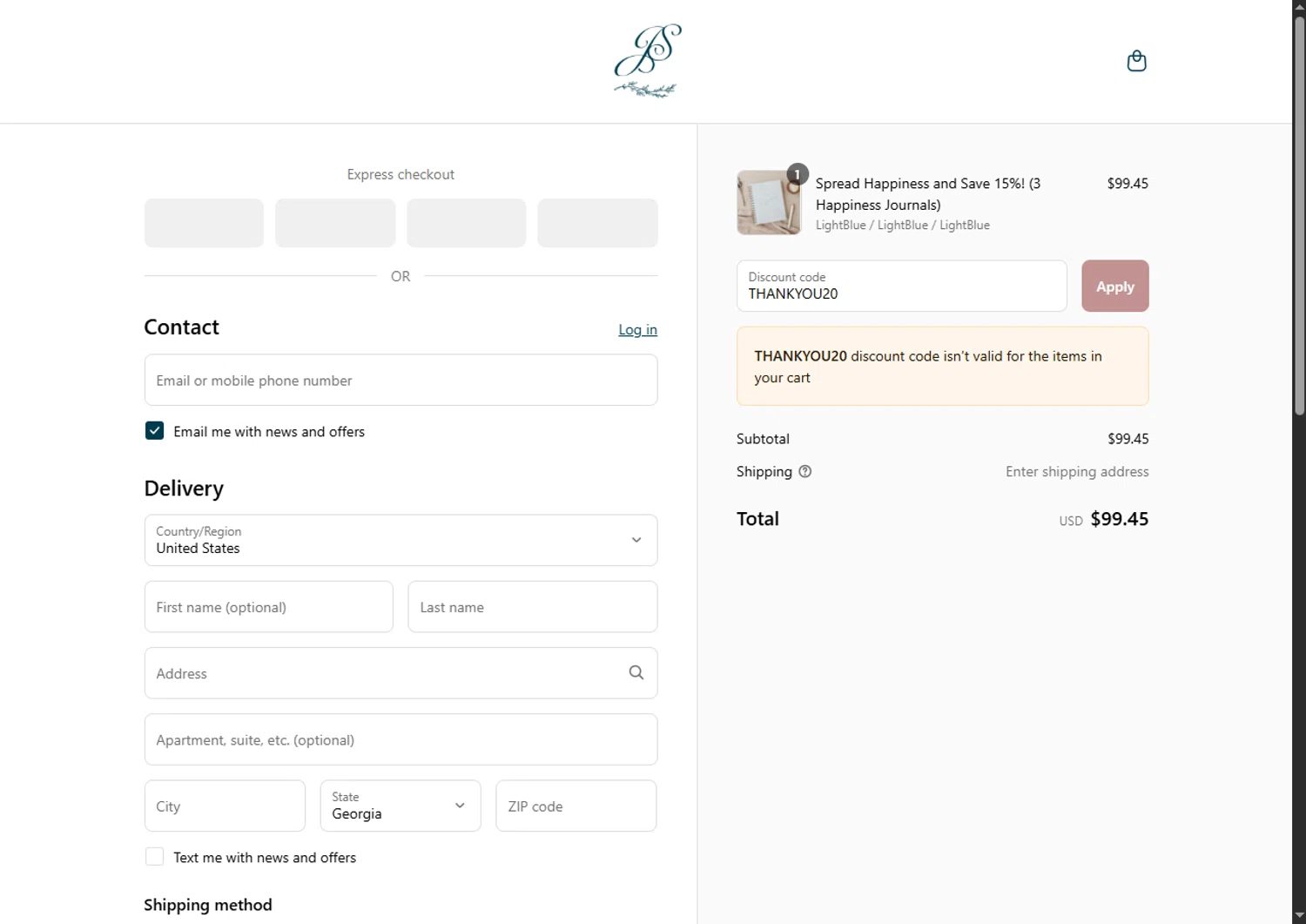 Jen Simpson Design promo code screenshot showing code THANKYOU20 applied at Jen Simpson Design checkout page. Uploaded by SimplyCodes community member BargainSaver8204 on Aug 17, 2025