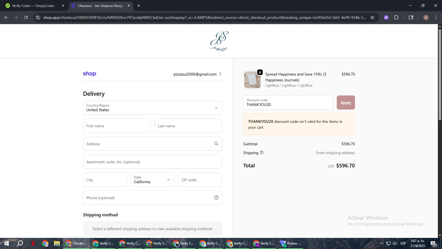 Jen Simpson Design promo code screenshot showing code THANKYOU20 applied at Jen Simpson Design checkout page. Uploaded by SimplyCodes community member DiscountPioneer2554 on Sep 21, 2025