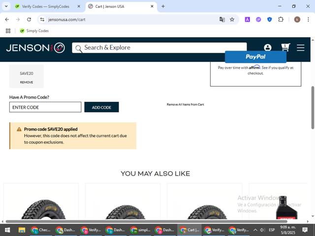 JensonUSA checkout page showing JensonUSA promo code box | Screenshot taken by SimplyCodes community member on Aug 5, 2025