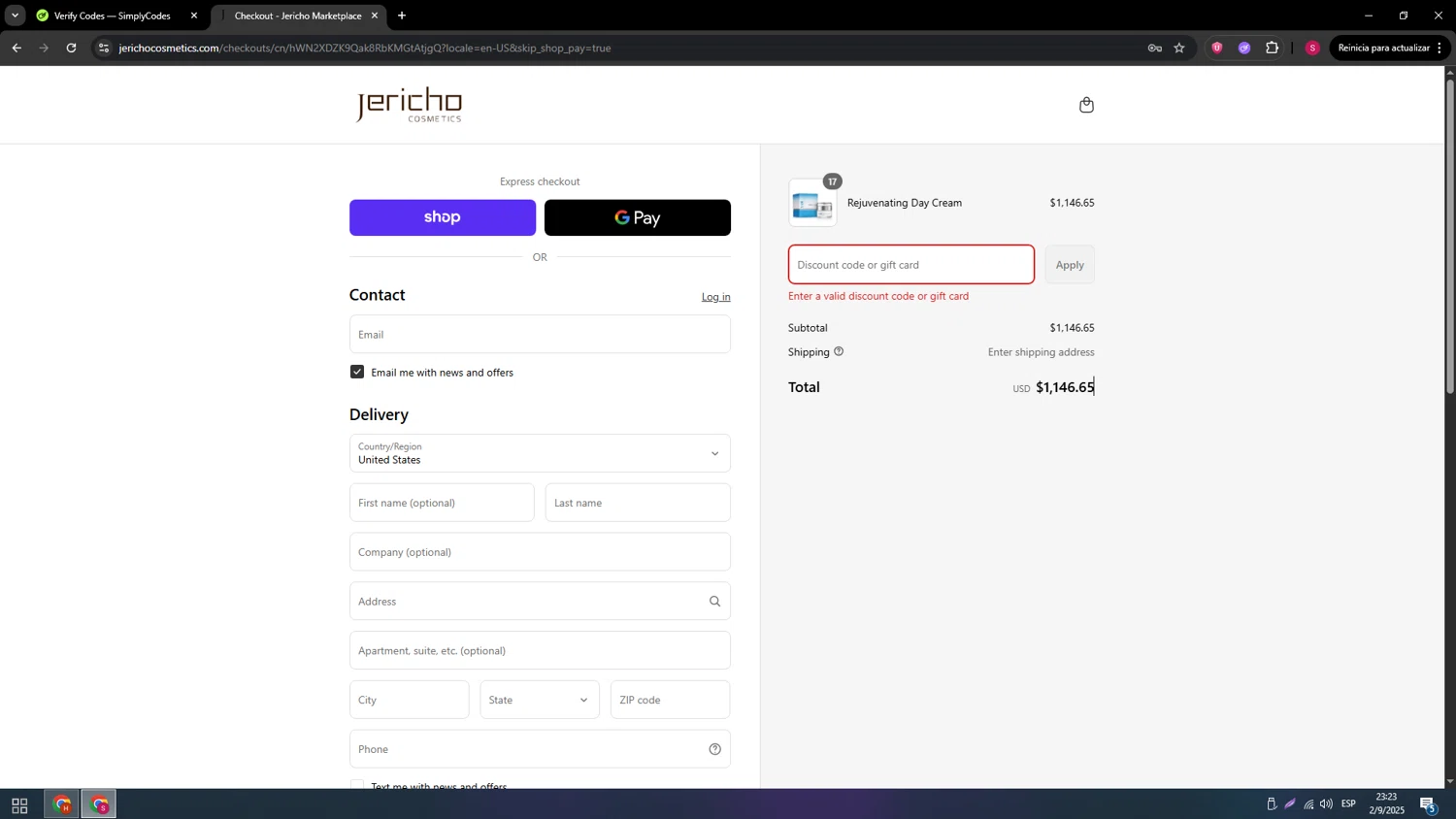 Jericho Cosmetics promo code screenshot showing code EOS25 applied at Jericho Cosmetics checkout page. Uploaded by SimplyCodes community member 789456 on Sep 3, 2025