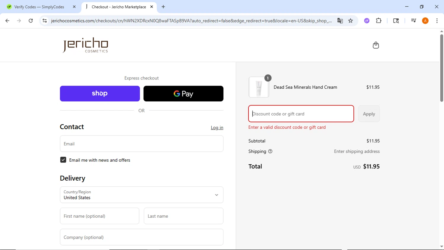 Jericho Cosmetics promo code screenshot showing code EOS25 applied at Jericho Cosmetics checkout page. Uploaded by SimplyCodes community member ThriftyMaverick437 on Sep 3, 2025