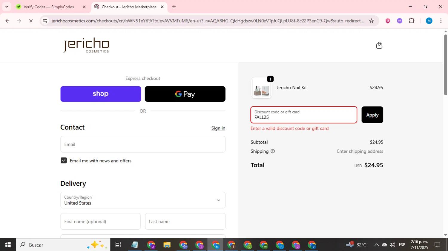 Jericho Cosmetics promo code screenshot showing code FALL25 applied at Jericho Cosmetics checkout page. Uploaded by SimplyCodes community member LegendaryCurator1585 on Nov 7, 2025