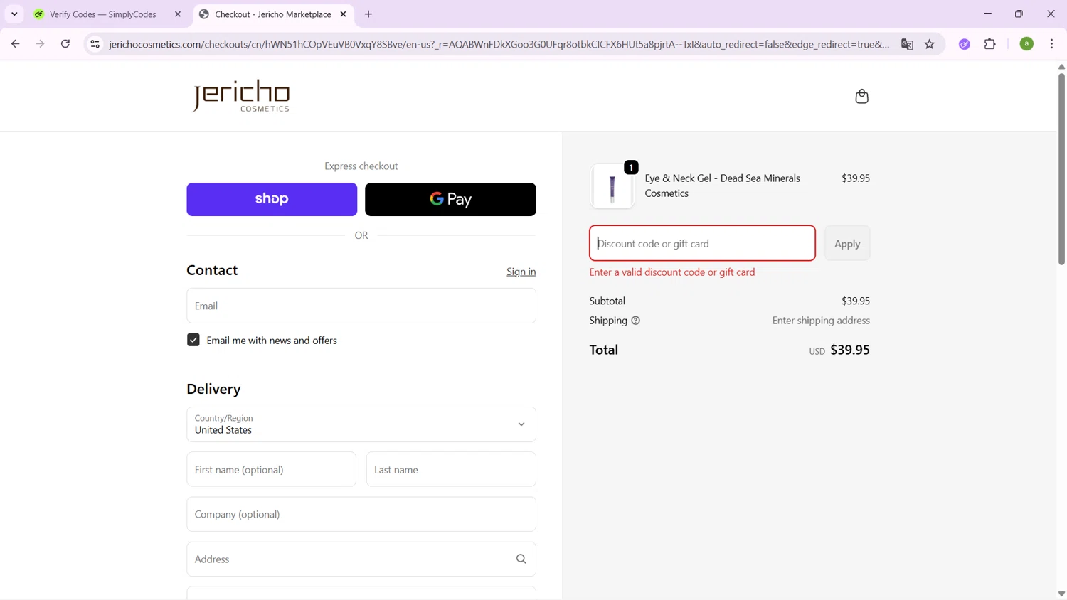 Jericho Cosmetics promo code screenshot showing code FALL25 applied at Jericho Cosmetics checkout page. Uploaded by SimplyCodes community member SavingsHero9122 on Nov 7, 2025
