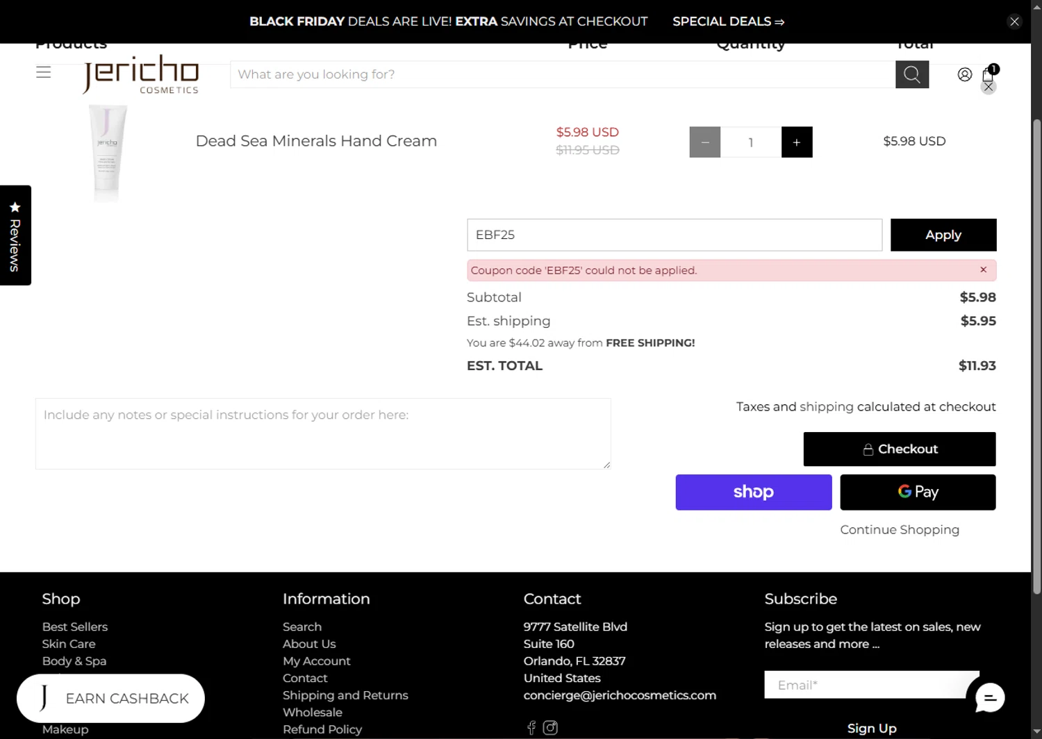 Jericho Cosmetics promo code screenshot showing code EBF25 applied at Jericho Cosmetics checkout page. Uploaded by SimplyCodes community member SalePhoenix2220 on Nov 28, 2025