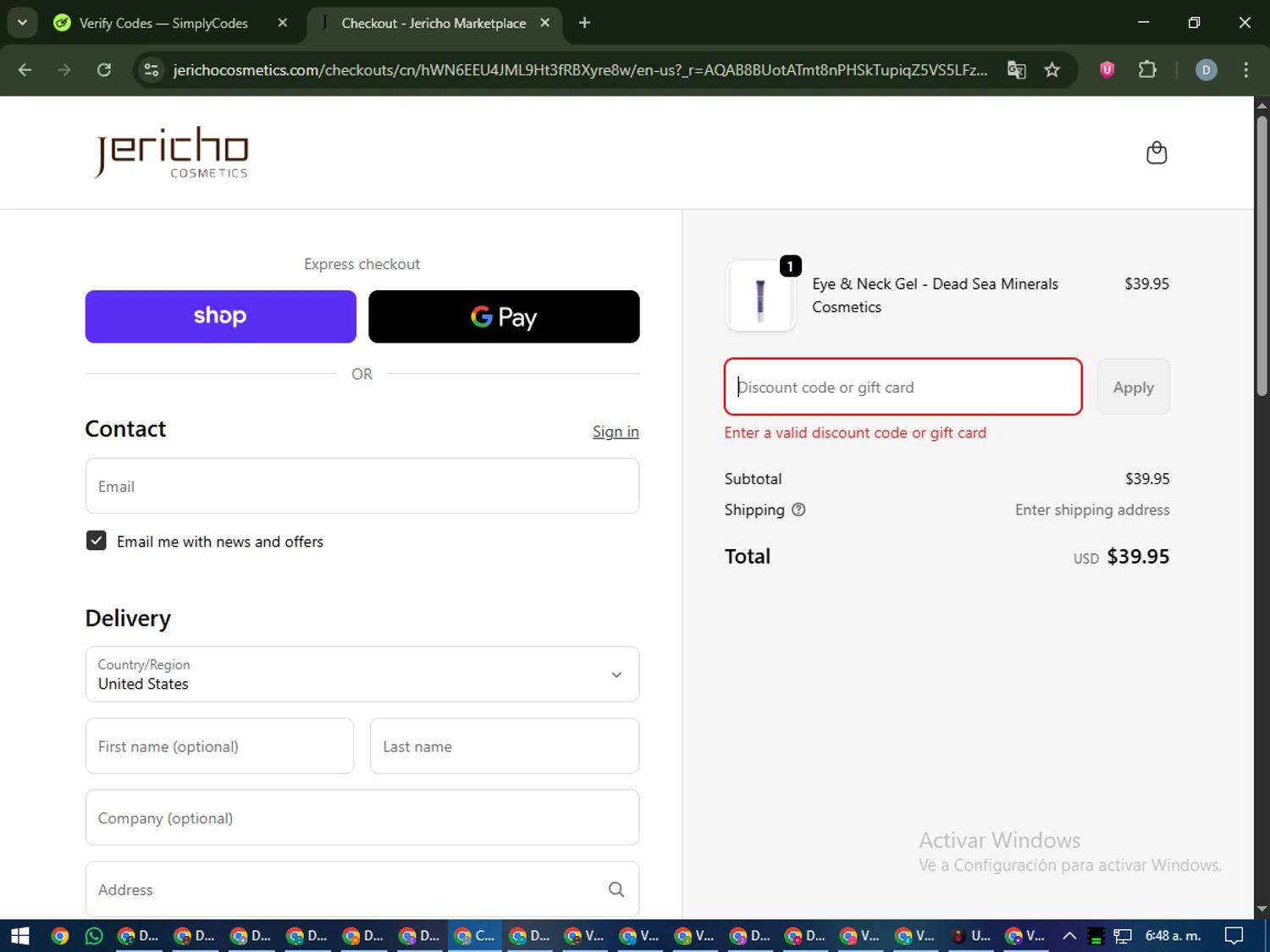 Jericho Cosmetics promo code screenshot showing code BFCM25 applied at Jericho Cosmetics checkout page. Uploaded by SimplyCodes community member CleverCurator2558 on Dec 9, 2025
