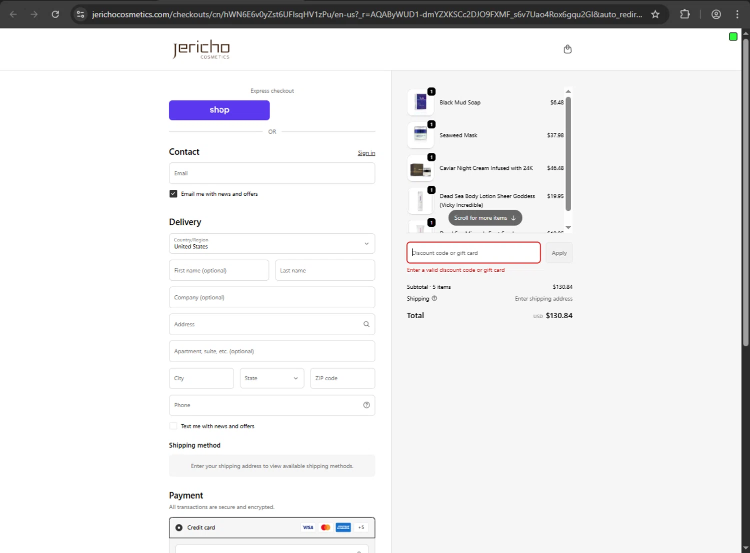 Jericho Cosmetics promo code screenshot showing code BFCM25 applied at Jericho Cosmetics checkout page. Uploaded by SimplyCodes community member anthonyramirez1 on Dec 9, 2025