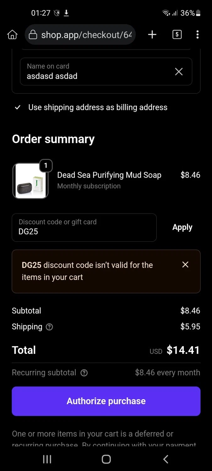 Jericho Cosmetics promo code screenshot showing code DG25 applied at Jericho Cosmetics checkout page. Uploaded by SimplyCodes community member Sukuna_ on Dec 14, 2025