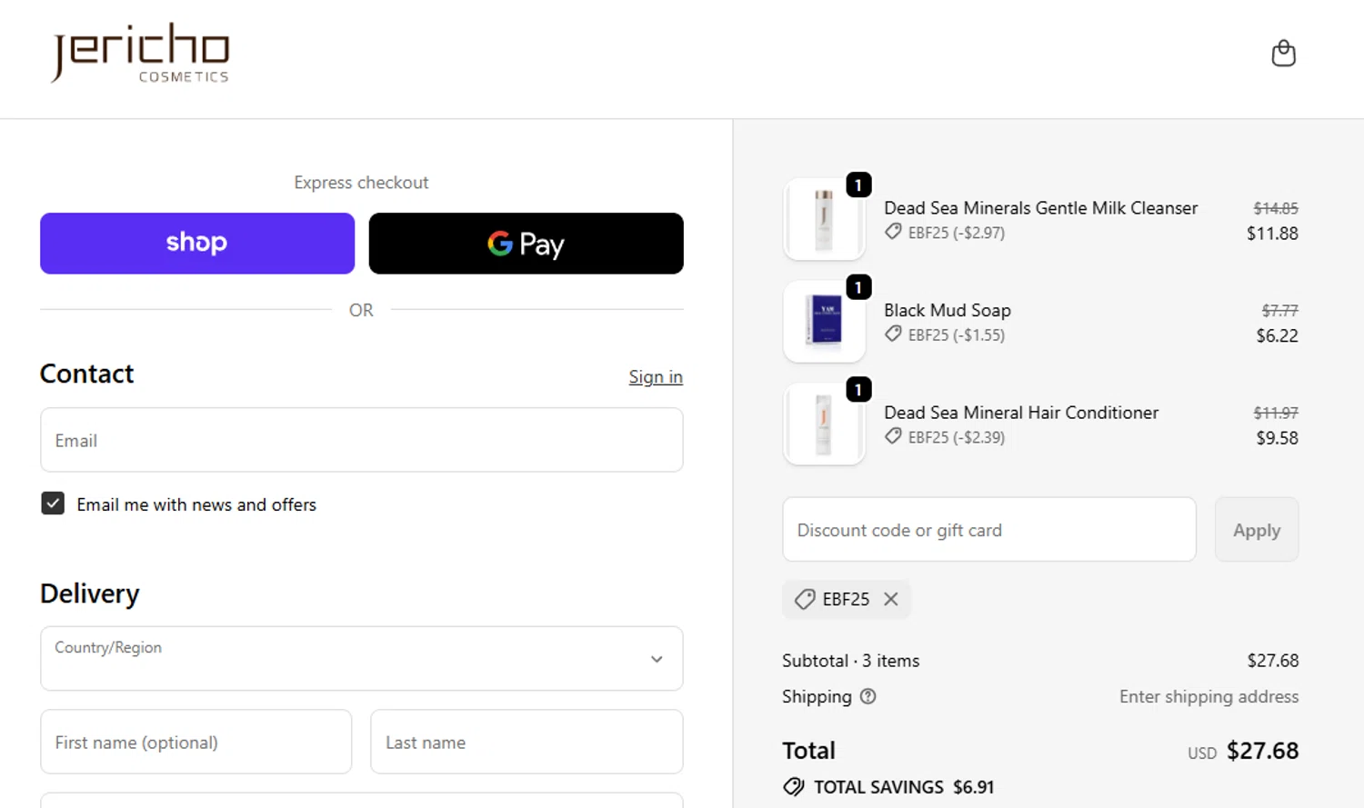 Jericho Cosmetics promo code screenshot showing code EBF25 applied at Jericho Cosmetics checkout page. Uploaded by SimplyCodes community member anthonyquintero on Nov 21, 2025