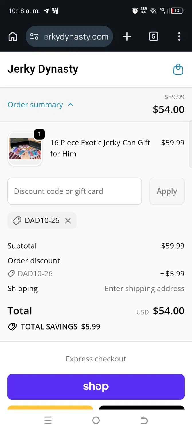 Jerky Dynasty promo code screenshot showing code dad10-26 applied at Jerky Dynasty checkout page. Uploaded by SimplyCodes community member kellymoreno on Jun 5, 2026