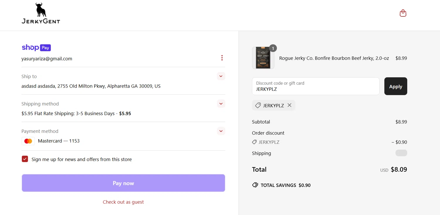 JerkyGent discount code screenshot showing code JERKYPLZ applied at JerkyGent checkout page. Uploaded by SimplyCodes community member ArizaJuan on Apr 16, 2025
