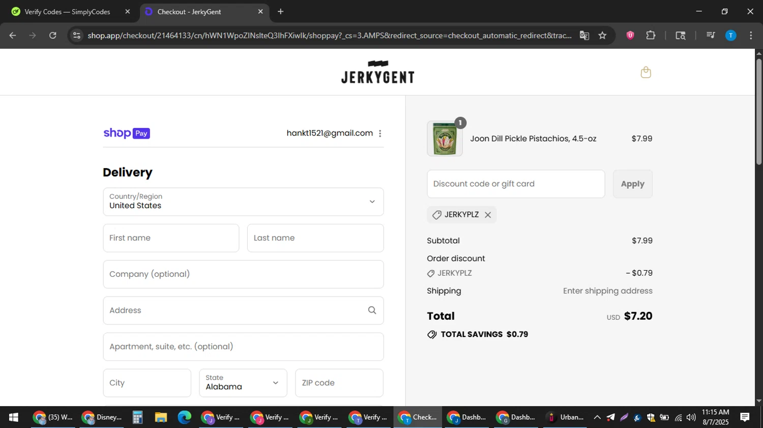 JerkyGent discount code screenshot showing code JERKYPLZ applied at JerkyGent checkout page. Uploaded by SimplyCodes community member hankt1521 on Aug 7, 2025